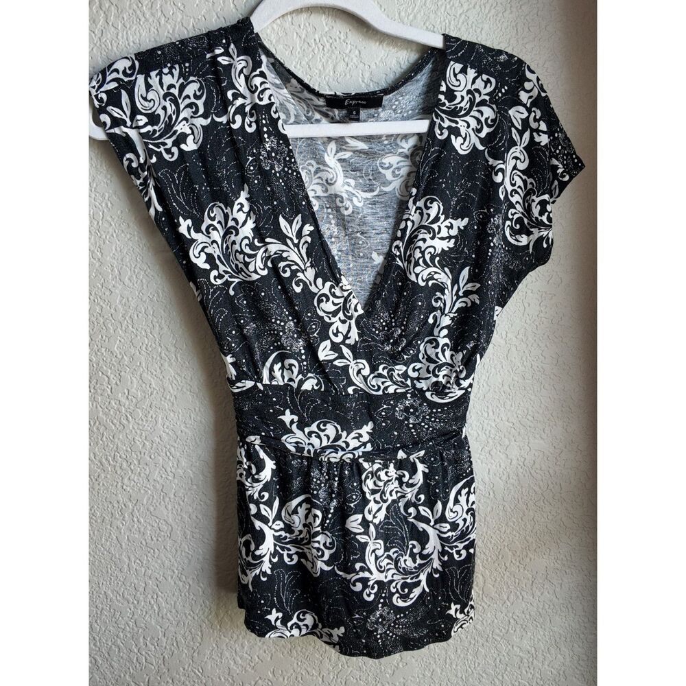 Y2K Express Black White Damask Surplice Top Size Small Tie Waist
